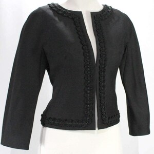 1950s Black Jacket - Sharp Tailored Crop Waist Blazer - 3/4 Sleeve - Elegant 50s 60s Wool & Braid - Chic Custom Feel - Bust 36