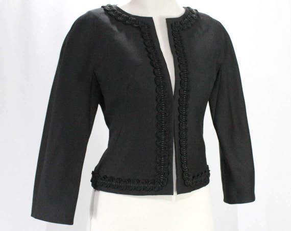1950s Black Jacket - Sharp Tailored Crop Waist Bl… - image 1