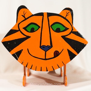 Vintage Tiger Box - Hand Painted 1960s Orange Cartoon Tiger - Cute 60s Jungle Animal Practical Storage with Hinged Lid and Rope Tail