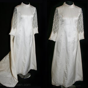 1960s Wedding Dress - Romantic Mod Satin Bridal Gown with Lattice Pearl Sleeves & Detachable Train - Size 8 Bust 35 - NOS Deadstock - 31886