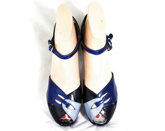 Size 6 1/2 1940s Platform Shoes - Cobalt Blue Leather Peep Toe Pumps with Two Tone Design - 40s WWII Era Deadstock Strappy Shoe - 6.5 Narrow