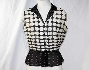 Size 12 1950s Summer Top - Art Deco Print Sheer Cotton Sleeveless 40s 50s Shirt - Black & White Circles Medium Large Retro Blouse - Bust 39