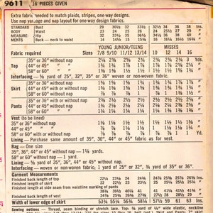 May include: A sewing pattern chart with instructions for making a vest, skirt, pants, and top. The chart includes measurements for different sizes and fabric requirements. The chart is printed on a white background with black text.