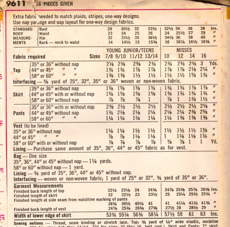 May include: A sewing pattern chart with instructions for making a vest, skirt, pants, and top. The chart includes measurements for different sizes and fabric requirements. The chart is printed on a white background with black text.