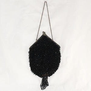 1910s 1920s Purse - Black Glass Beads & Fringe Antique Lady&#39;s Handbag - Peaked Point Deco Metal Frame - Tassel Beads - Silvery Chain Strap