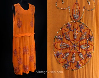 1920s Flapper Dress - Large Art Deco Authentic 20s Era Party Cocktail - Bold Orange Silk Chiffon with Rainbow Beaded Medallions - Bust 40.5
