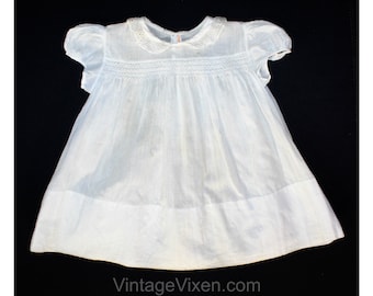 Antique Style Infant's Dress - Size 3 to 6 Months Baby Frock - Sheer White with Smocking & Embroidery - Victorian Look Heirloom - Hand Sewn