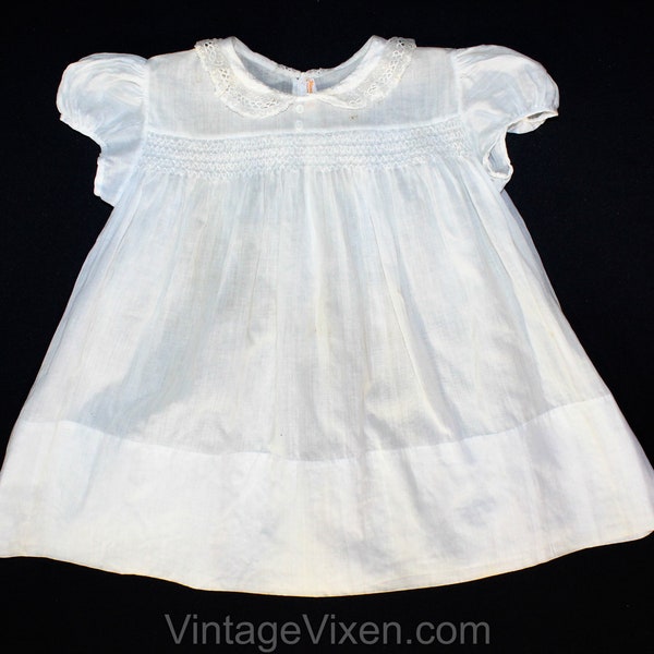 Antique Style Infant's Dress - Size 3 to 6 Months Baby Frock - Sheer White with Smocking & Embroidery - Victorian Look Heirloom - Hand Sewn