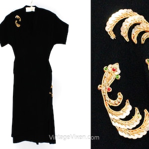 1940s Koi Dress - Small 40s Black Crepe Cocktail with Elegantly Draped Wrap Style Skirt - Metallic Gold Fish Appliques - USO Chic - Waist 25
