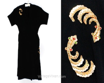 1940s Koi Dress - Small 40s Black Crepe Cocktail with Elegantly Draped Wrap Style Skirt - Metallic Gold Fish Appliques - USO Chic - Waist 25