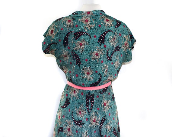 1940s Paisley Rayon Dress - Medium 40s Turquoise … - image 9