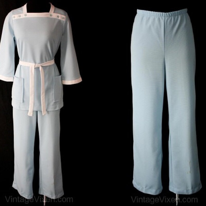 Vintage 1960s Blue Chiffon Pleated Pant Suit | XS/S