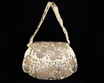 1950s Gold Evening Bag - Metallic Wire Flowers Special 50s 60s Purse - Made In India - Embroidered Formal Handbag - Hotel Bombay Taj Mahal