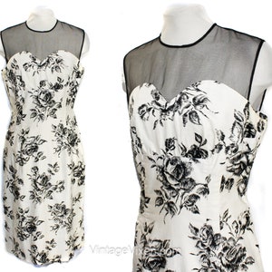 Large 1950s Dress - 50s Roses Print Floral Rockabilly Sweetheart Bombshell - Sleeveless Black & White Fitted Cotton Sheath - Waist 31