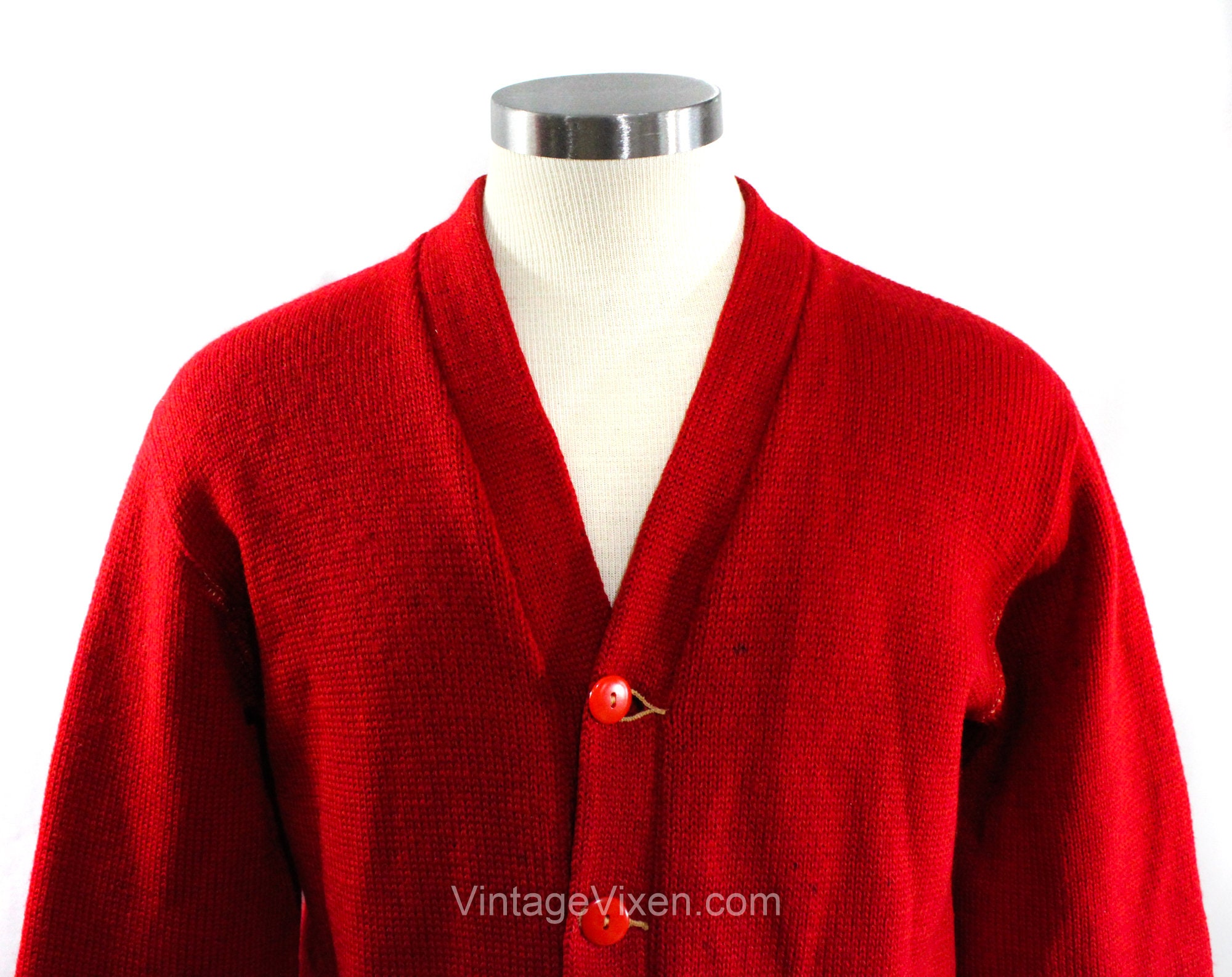 Men's XS 1920s 1930s Sweater - Red Wool Knit Mens V Neck Cardigan