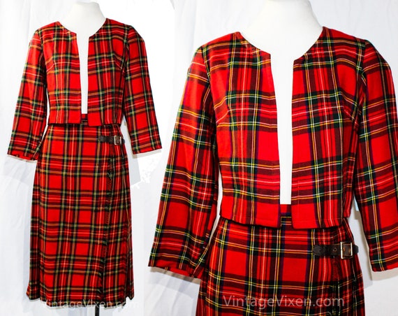 Size 8 1950s Tartan Plaid Suit - Red Forest Green… - image 1