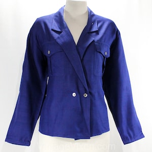 Blue Silk Blouse - Anne Klein 80s Sapphire Designer Top - 1980s 1990s Long Sleeved Shirt - Raw Silk Tailored Safari Style - Large Bust 44