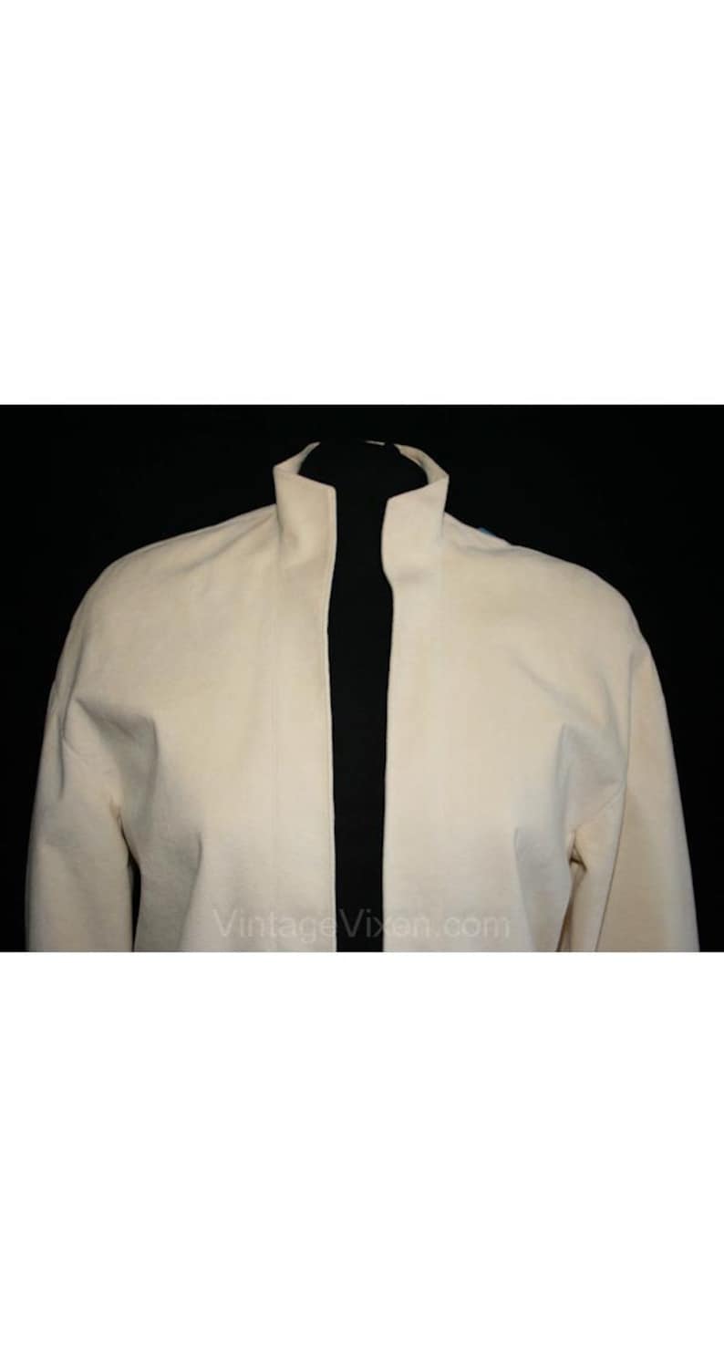 Bust 38 Hip 36 28586 Mod 1970s Ultra-Suede Open Front Jacket Size 6 Ivory Jacket Designer Samuel Robert Small Modernist Blazer