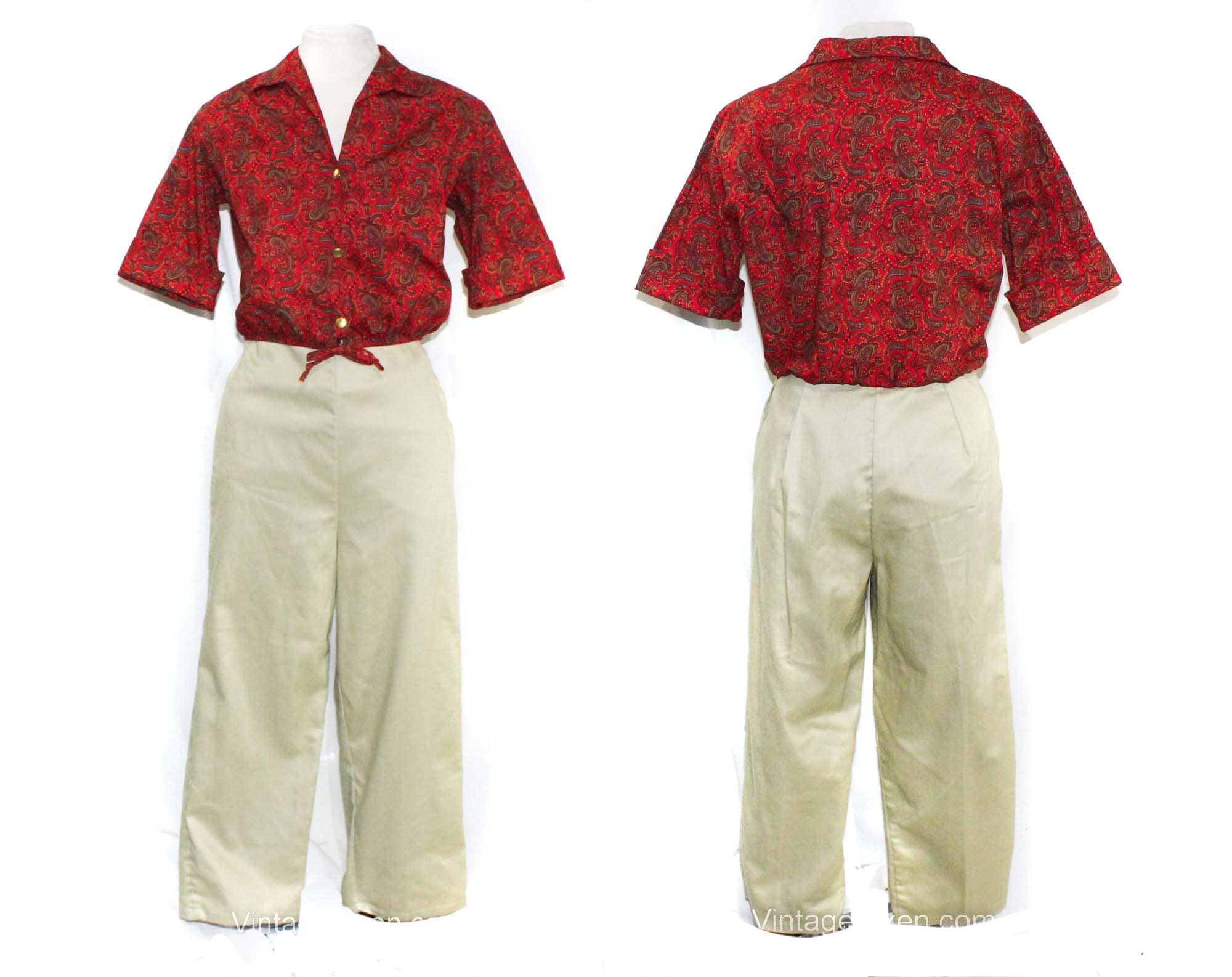 1950s Red Paisley Shirt & Khaki Denim Pant - Size 10 Medium Cotton Blouson Top - 50s Rockabilly Ladies Wide Leg Trouser - Waist 27.5