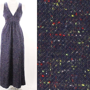 Blue Tweed Dress - 1970s Indigo Flecked Jumper - Medium Size 8 Sleeveless Bodice - V Neck - Racer Back - Cute Fall Style - 70s Deadstock