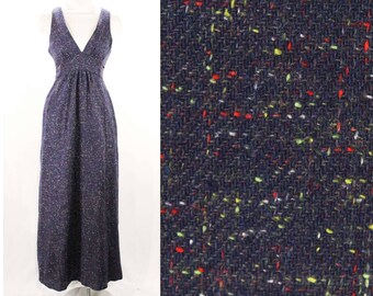 Blue Tweed Dress - 1970s Indigo Flecked Jumper - Medium Size 8 Sleeveless Bodice - V Neck - Racer Back - Cute Fall Style - 70s Deadstock