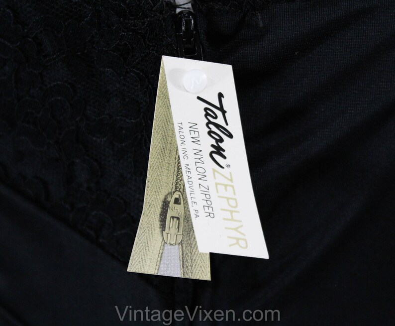 May include: Close-up of a black nylon zipper with a white label that reads "Talon Zephyr New Nylon Zipper Talon, Inc. Meadville, PA."