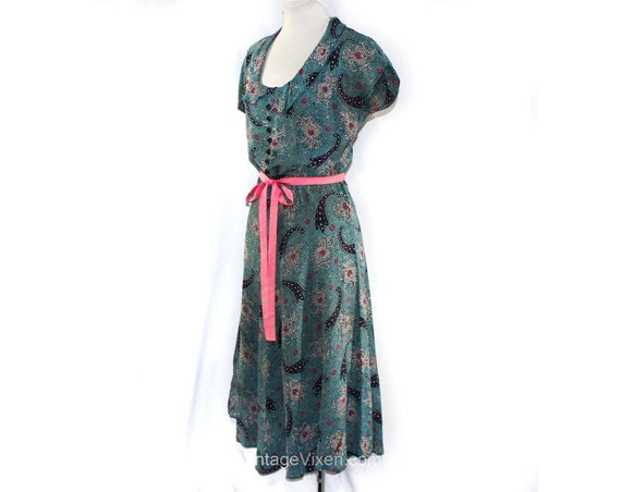 1940s Paisley Rayon Dress - Medium 40s Turquoise … - image 7