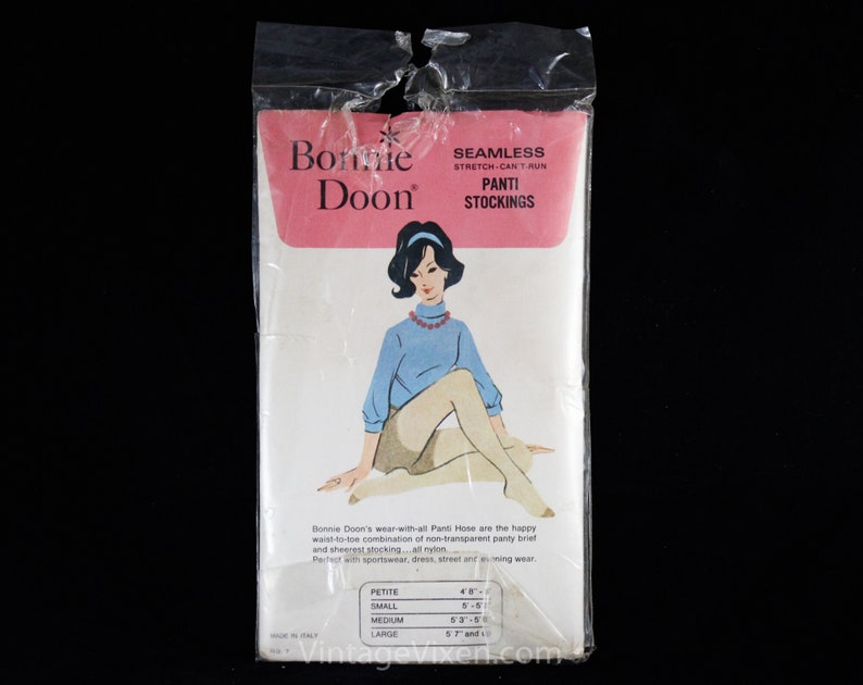 1960s Pale Beige Pantyhose Made In Italy for Bonnie Doon Small 60s Seamless Sheer Nylon Panti Stockings Original Pkg NIP Deadstock image 1