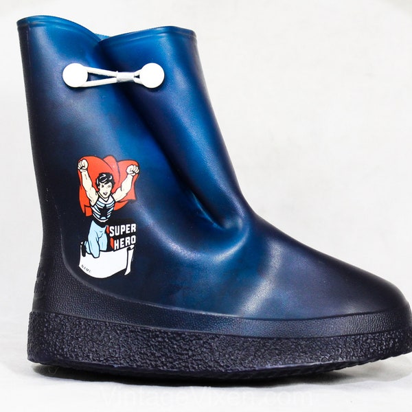 Child Size 11 Super Hero Galoshes - Authentic 1960s Child's Rain Boots with Cartoon Astronaut - Waterproof Rubber Overshoe - 60s Deadstock