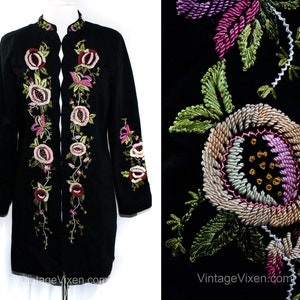 Antique Inspired Black Jacket - Purple Deco Floral Embroidery - Medium Casual 1990s Retro Arts & Crafts Style Cotton Hip Length - Bust 36.5