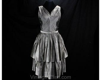 Silver Cocktail Dress - New Look 1950s Gunmetal Gray Party Frock - 50s Metallic Pin-Up - Pearls & Rhinestones - Tiered Full Skirt - Waist 28