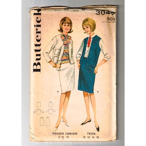 Teen&#39;s Suit Sewing Pattern - 1960s Boxy Jacket Skirted Suit Set - Vintage 60s Jackie O Blazer Vest Skirt - Complete Bust 32 - Butterick 3049