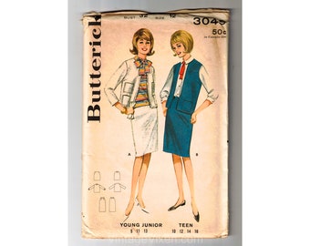 Cartamodello per completo da ragazza - Completo giacca e gonna stile anni '60 - Blazer, gilet e gonna vintage anni '60 stile Jackie O - Taglia unica 32 - Butterick 3049