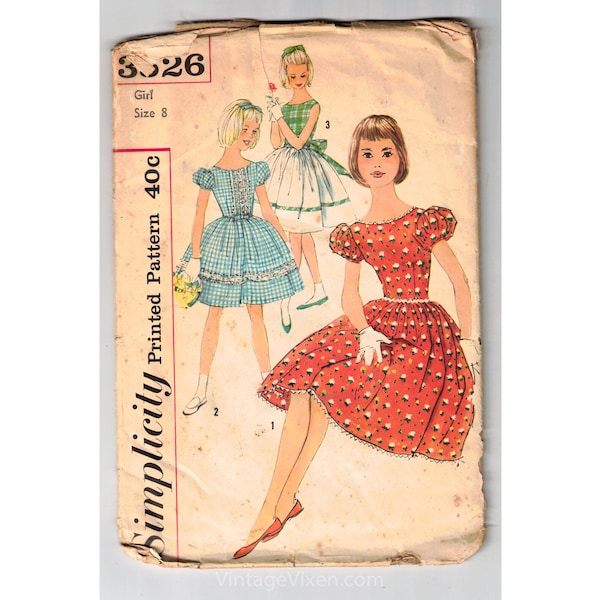 1950s Girl's Dress Sewing Pattern - 50's Childs Size 8 Full Skirted Summer Frock with Puff Sleeves or Sleeveless - Simplicity 3526