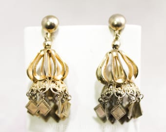 Belly Dancer Chandelier Earrings - 1960s Hollywood Regency Style Moroccan Chic - Modernist Bohemian Boho - 60s Screwback Gold Hue Metal