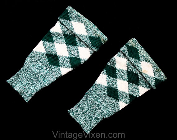 1950s Arm Warmers - Emerald Green & White Wool Ar… - image 1