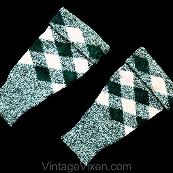 1950s Arm Warmers - Emerald Green & White Wool Argyle Plaid Sleeve Gauntlets - Like Gloves Without Hands - Hand Knitted Authentic 50s Cuffs