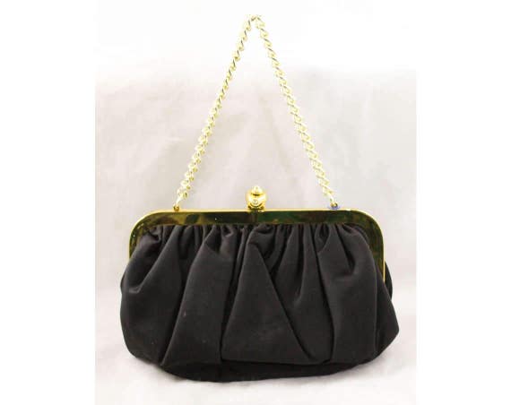 1950s Black Satin Purse - Elegant Pouf Bag with J… - image 3