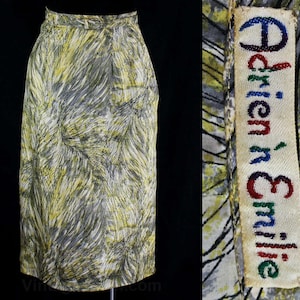 1950s Silk Skirt - XXS Chic Pencil Skirt - Yellow & Gray Sketched 50s Suit Separates - Timeless Tailoring - Straight - Waist 23 - 46843