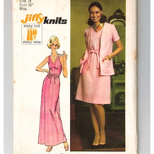 1973 Dress Sewing Pattern - 70s Misses Sleeveless Long or Knee Length Sheath and Short Sleeve Jacket - Bust 36 Simplicity 5612 Jiffy Knits