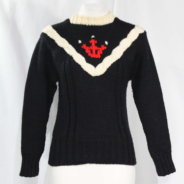 Size Small 1940s Nautical Sweater - WWII Era Black Knit 40s Pullover with Red Anchor Motif - Sailor Style V Cabling - Long Sleeve Winter