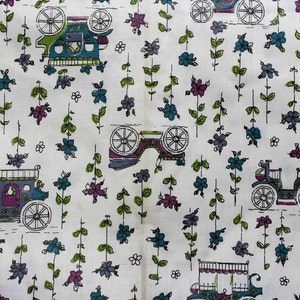 Old Cars 50s Purple Novelty Print Fabric - Over 1.5 Yards x 36 1/2 Inches Wide - Antique Automobiles, Horseless Carriages, Stagecoaches