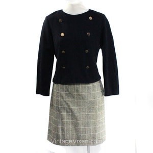 1960s Beatnik Dress Outfit - Size 8 Mod Military Chic Knit Top & Glen Plaid Wool Skirt - 60s Secretary Style Suit - Black White - Waist 29.5