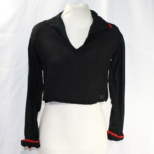 1910s Silk Blouse - As Is Small Size 4 Black Titanic Era Sailor Style Shirt Scarlet Red Trim - Buttons In Back - Salvage Condition - Bust 34