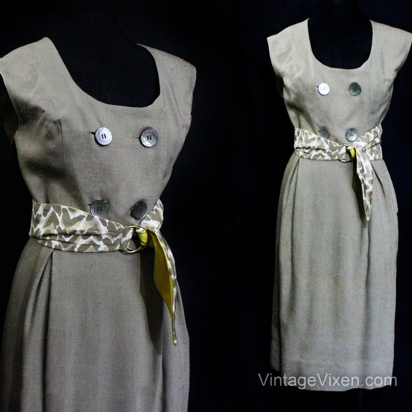 1960s Summer Dress Set - XS Khaki Linen Style Vest, Tailored Skirt, Sash - Capsule Wardrobe Office Chic - Junior House Milwaukee - Waist 24