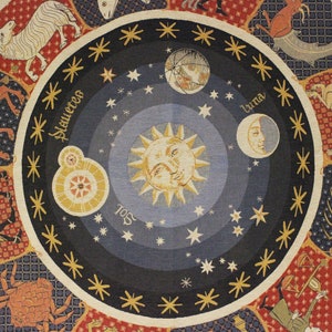 Tapiz del Zodíaco - Gran Tabla Astrológica del Sol y la Luna Celestial en Tonos Antiguos - Algodón Neutro Azul Rosado de los Años 90 - Tapices Flamencos Fabricados en Francia