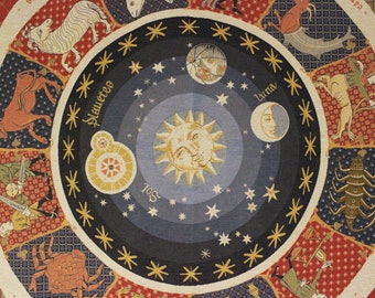Zodiac Tapestry - Large Celestial Sun Moon Astrology Chart in Antiqued Hues - 1990s Pink Blue Neutal Cotton - Flemish Tapestries Made France
