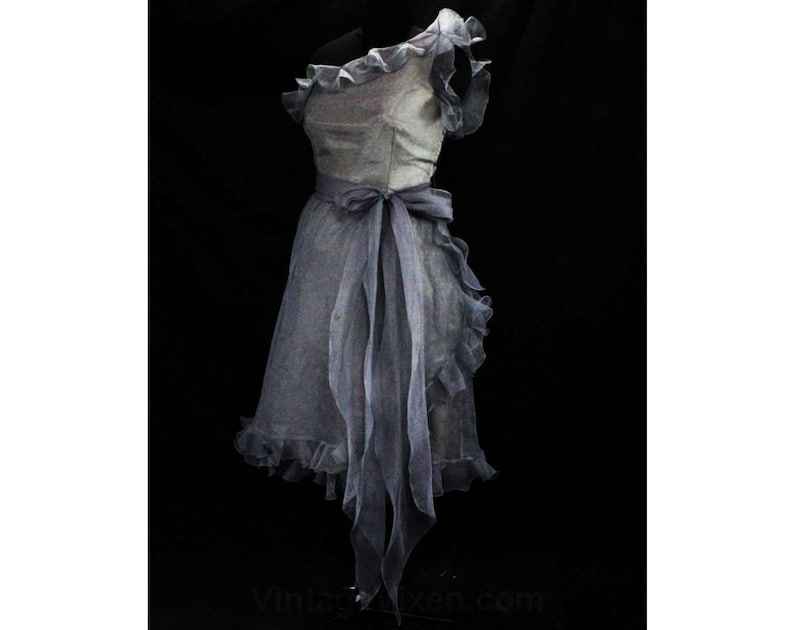 Size 8 Silver Cocktail Dress with Bare Shoulder - One Shoulder Party Dress - 1960s Glamour Look - Sterling Gray Shimmer Organza - Bust 36.5 image 3