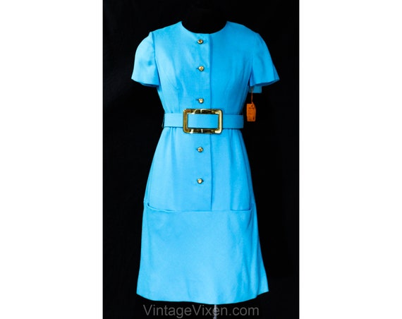 Turquoise Linen Dress - Mod 1960s Ocean Blue Faux… - image 1