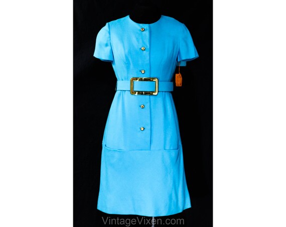 Turquoise Linen Dress - Mod 1960s Ocean Blue Faux… - image 1